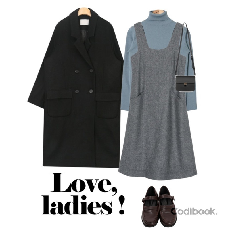 AIN soft high neck polar knit (5 colors),AIN aim classic plain wool coat,From Beginning Herringbone apron ops_M (size : free)등을 매치한 코디