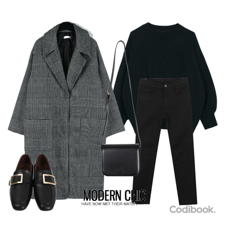 biznshoe Balloon knit (3color),daily monday Glan check long coat,myblin 데일리 기모 일자 팬츠등을 매치한 코디