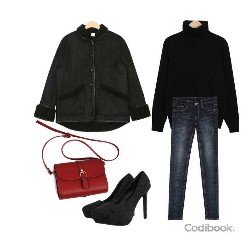 CHLO.D.MANON 올브러쉬 기모 데님팬츠,AIN plain mustang jacket,From Beginning Bubble turtle-neck knit_H (size : free)등을 매치한 코디