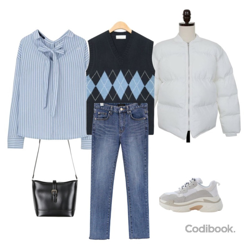 daily monday Belted point cross bag,MIXXMIX SEEK Two Way Ribbon Shirt,Zemma World Snowman-패딩[size:44~66 / 3color]등을 매치한 코디