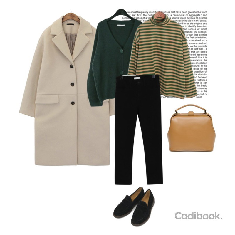5,common unique [OUTER] SPAN FLAP POCKET LONG COAT,daily monday V-neck button point cardigan등을 매치한 코디