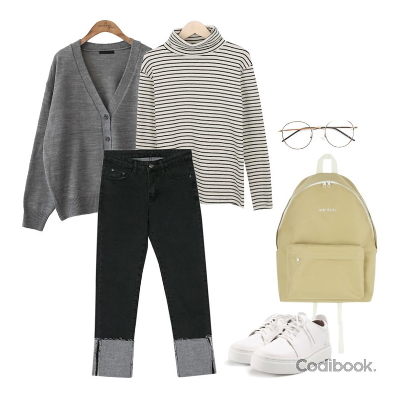 MIXXMIX 아이엠백팩,common unique [OUTER] 5 COLOR BASIC V NECK CARDIGAN,myblin 단가라 도톰 폴라 티 (4color)등을 매치한 코디