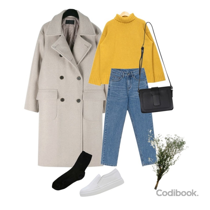 BANHARU high waist straight jean,AIN eco free wool turtle neck knit,daily monday Classic wool single coat등을 매치한 코디