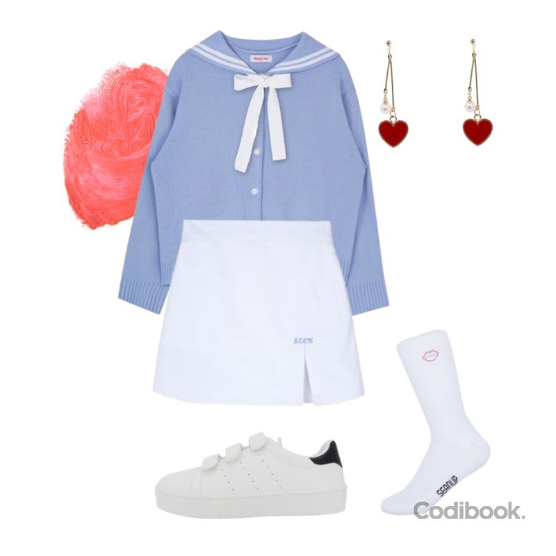 coral lip,MIXXMIX SEEK Slit Point Skirt Pants,MIXXMIX Heart Sailor Cardigan등을 매치한 코디