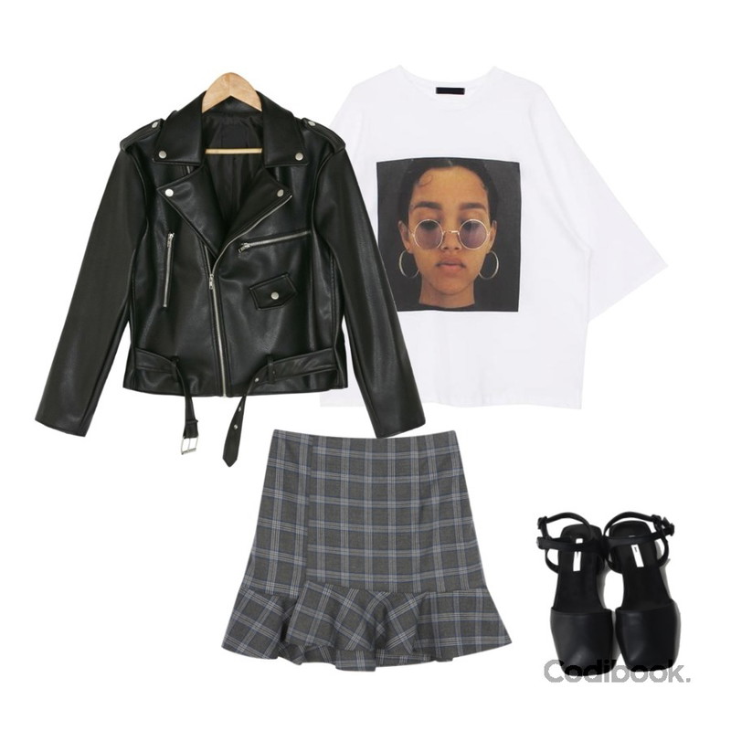 biznshoe Sunglass boxy tee (2color),ABLY 체크프릴 스커트,BANHARU loose fit short rider jacket등을 매치한 코디
