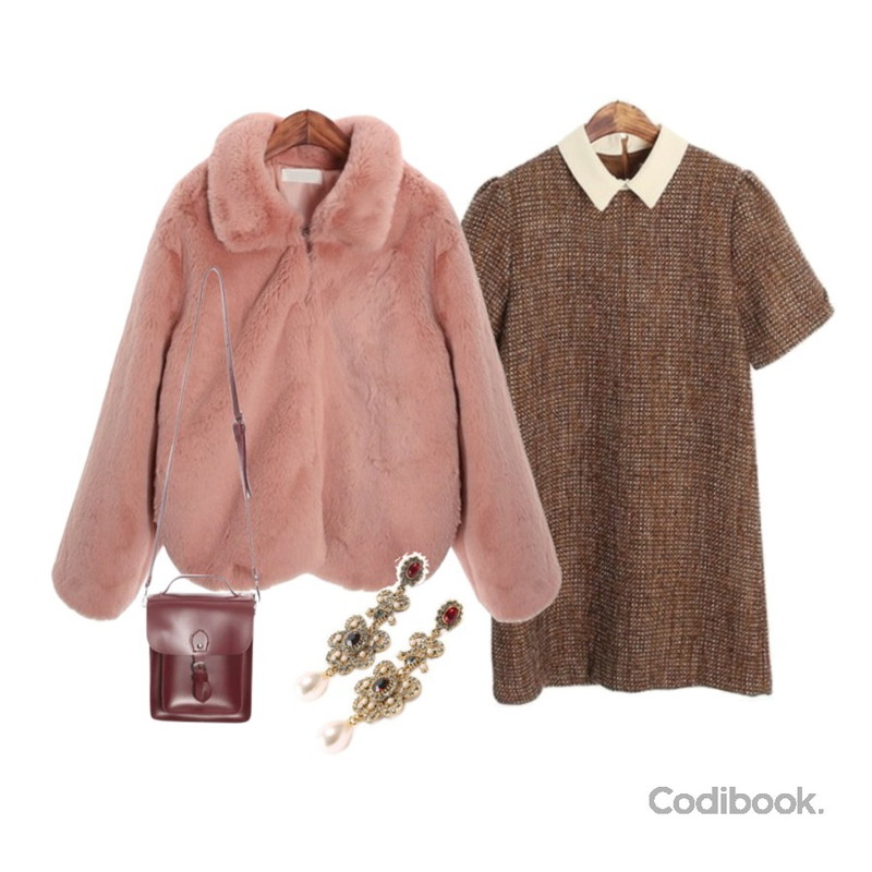 ROCOSIX little tweed OPS,ROCOSIX puppy fur JK,ROCOSIX 2 way classic square bag등을 매치한 코디