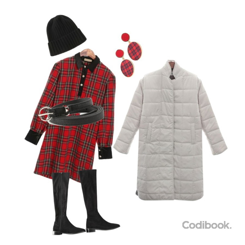 ROCOSIX dear slim long boots,ROCOSIX holiday check OPS,ROCOSIX choice strap coat padding (napping)등을 매치한 코디