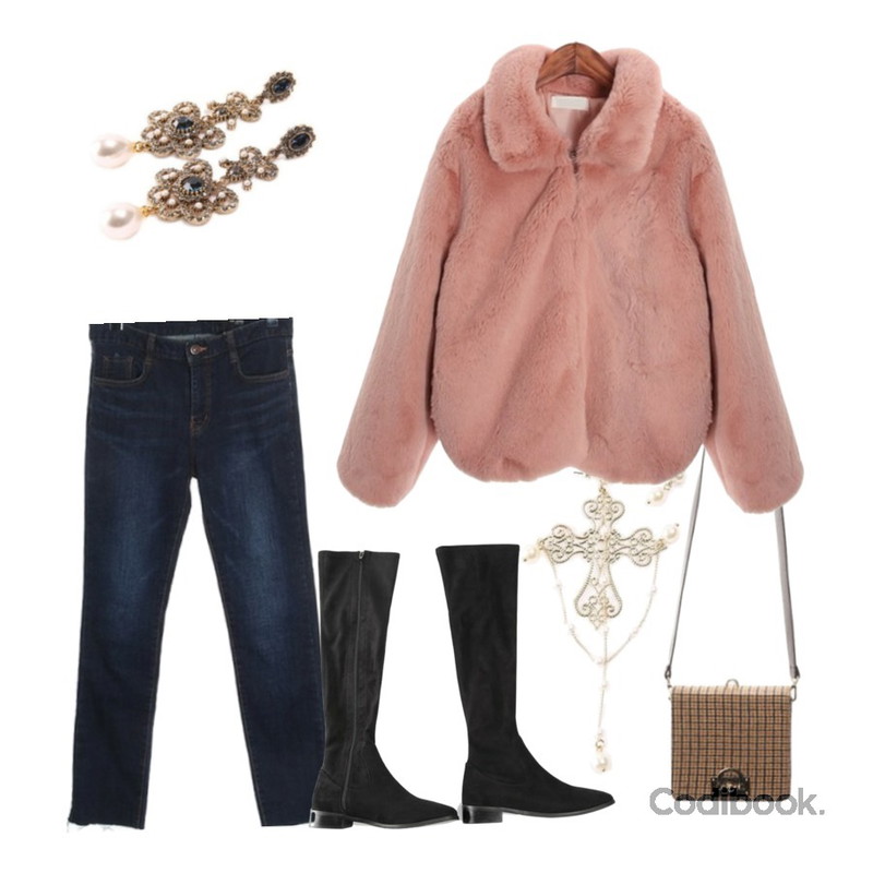 ROCOSIX sind cut denim pants (napping),ROCOSIX snap check square BAG,ROCOSIX entic unbalance peal earring등을 매치한 코디