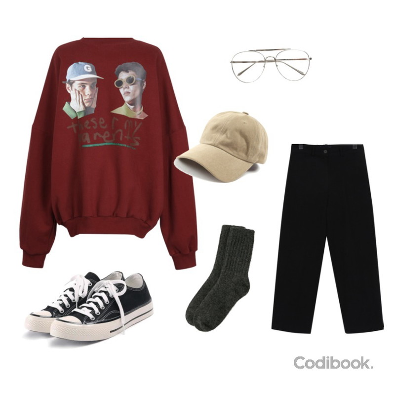 ROCOSIX simple coton sneakers,From Beginning Winter wide twill pants_B (size : S,M),From Beginning Boys printing boxy mtm_B (size : free)등을 매치한 코디