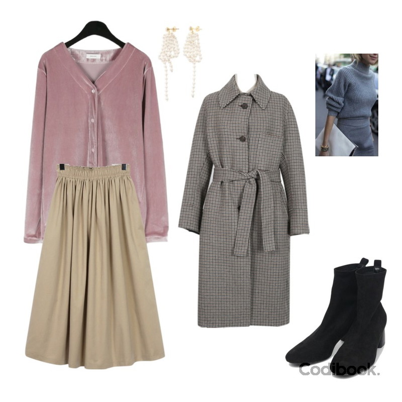 From Beginning Concept banding flare skirt_S (size : free),From Beginning Pocket handmade coat_M (size : free),daily monday Daily elegant velvet blouse (pink)등을 매치한 코디