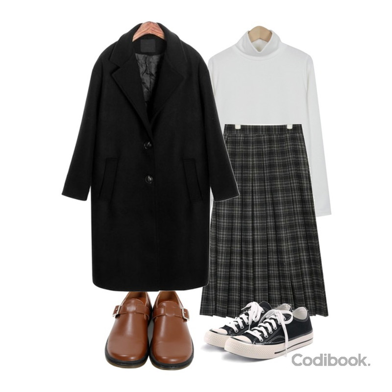 From Beginning Boat buckle aurora shoes_K (size : 230,235,240,245,250),AIN browny check pleats skirt,From Beginning Basic cotton pola T_H (size : free)등을 매치한 코디
