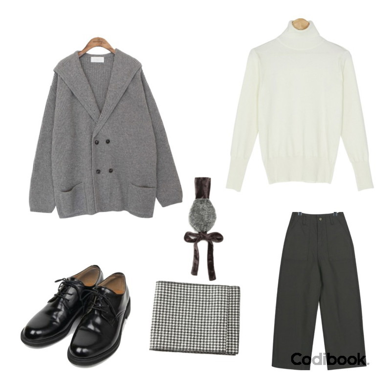 BANHARU daily soft turtleneck knit,daily monday Natural wide cotton pants,common unique [OUTER] SHAWL COLLAR KNIT CARDIGAN등을 매치한 코디