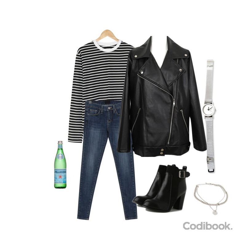 AWAB 플렌디라이더자켓,BANHARU long sleeve stripe tee,From Beginning Flow washing skinny jean_B (size : 25,26,27,28,29)등을 매치한 코디