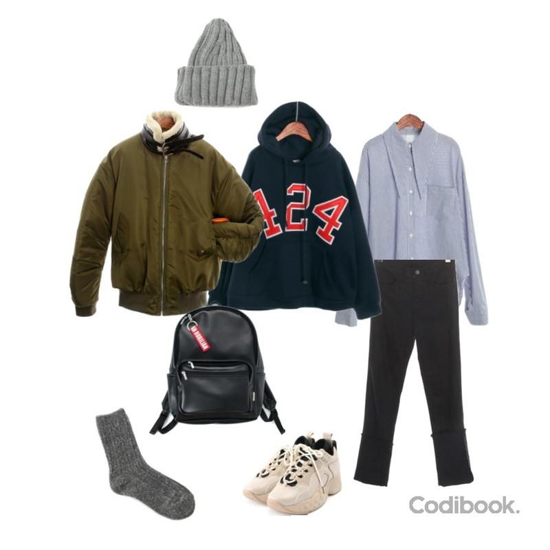 ROCOSIX with tie long SH,ROCOSIX roll-up cotton pants,ROCOSIX number lettering hood T(napping)등을 매치한 코디