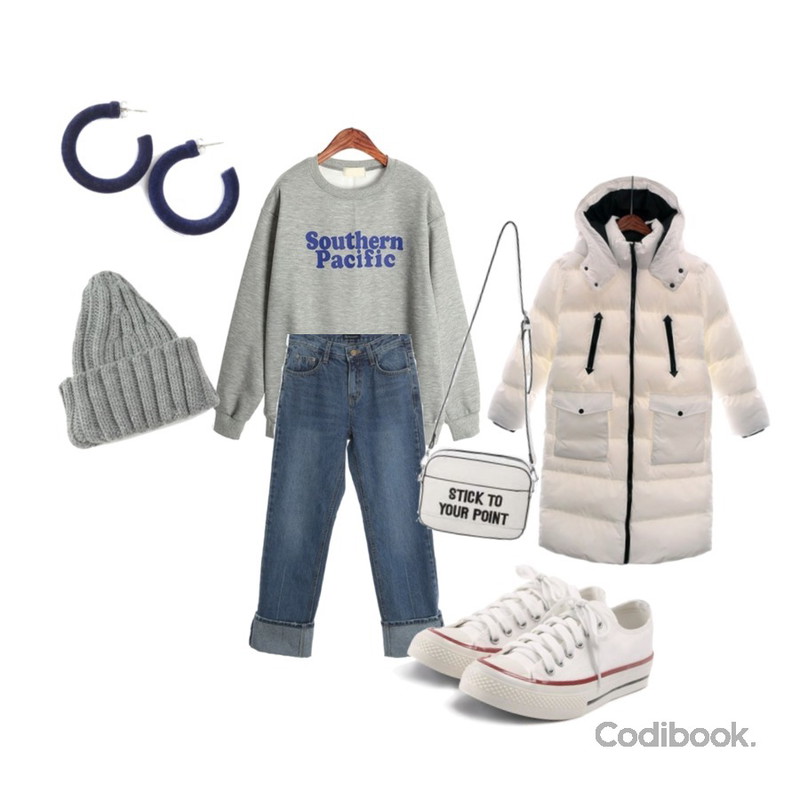 ROCOSIX pacific MTM (napping),ROCOSIX ronsi earring,ROCOSIX arrow long padding JP등을 매치한 코디