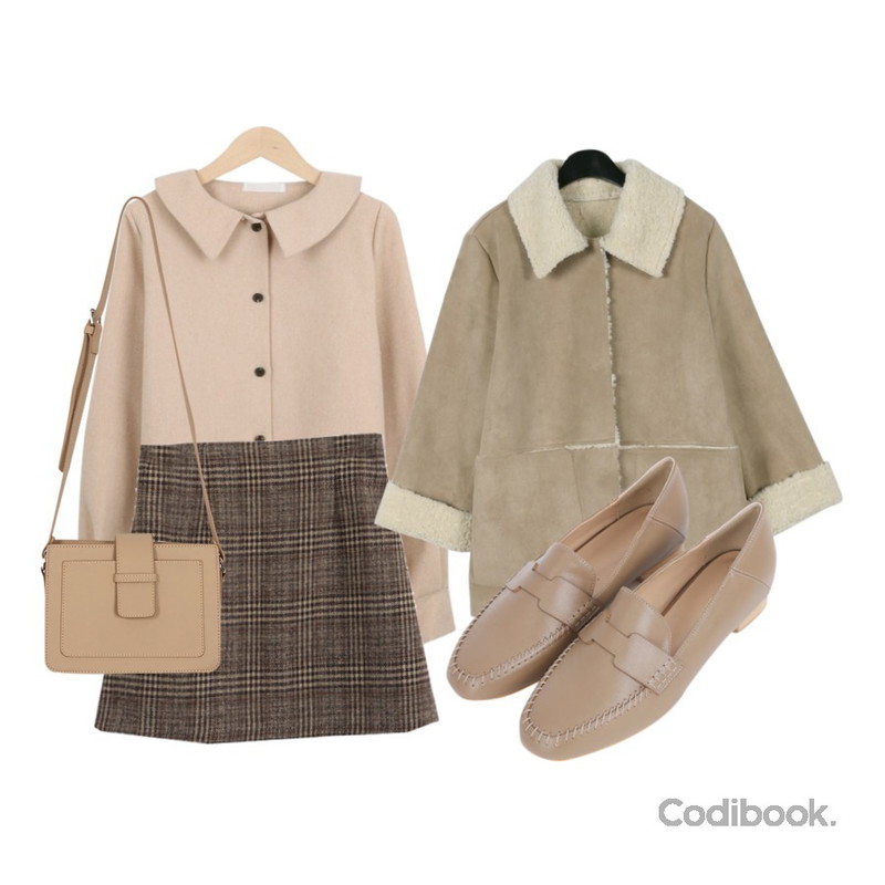 daily monday Reversible cozy mustang,myblin 포근포근 카라 블라우스,AWAB 넨트체크스커트등을 매치한 코디