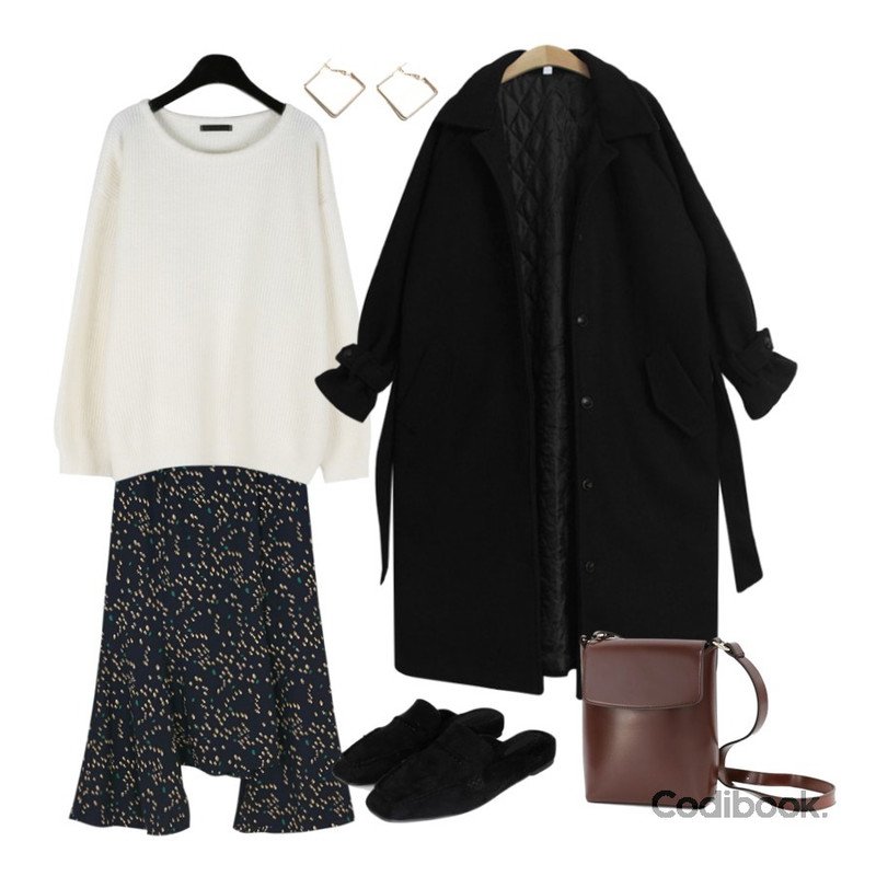 daily monday Colorful angora round knit,TODAY ME [coat]카룬 코트(싱글 누빔 스트랩 벨트 롱 코트),BANHARU blossom unbalance long skirt등을 매치한 코디