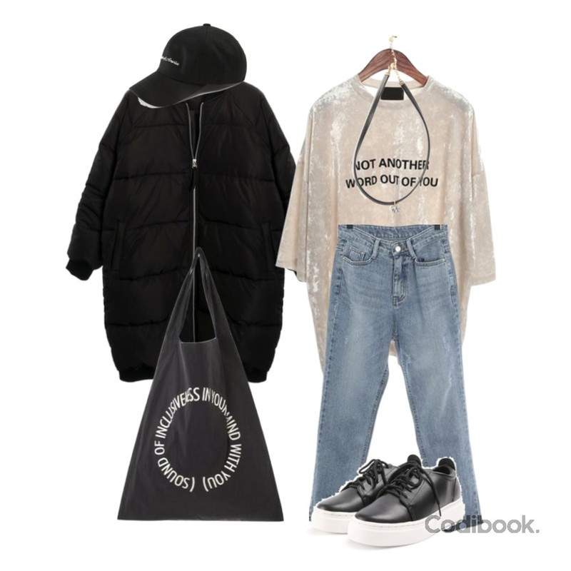 ROCOSIX semi boyfit denim pants,ROCOSIX Kevin long padding JP,ROCOSIX another velvet T등을 매치한 코디