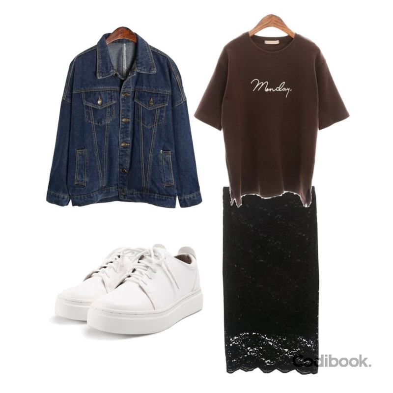 ROCOSIX casual over denim jacket,ROCOSIX Monday lettering T(napping),ROCOSIX romance midi SK등을 매치한 코디