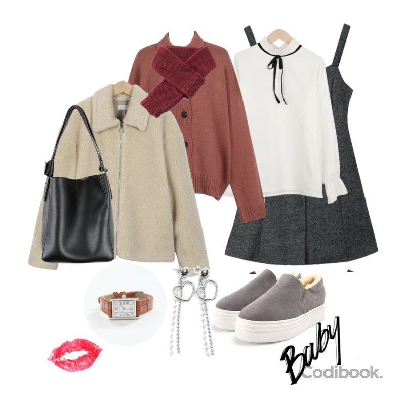 MIXXMIX 헤링본 레나 원피스,myblin 포인트 넥 블라우스 (3color),From Beginning Spring collar knit cardigan_B (size : free)등을 매치한 코디