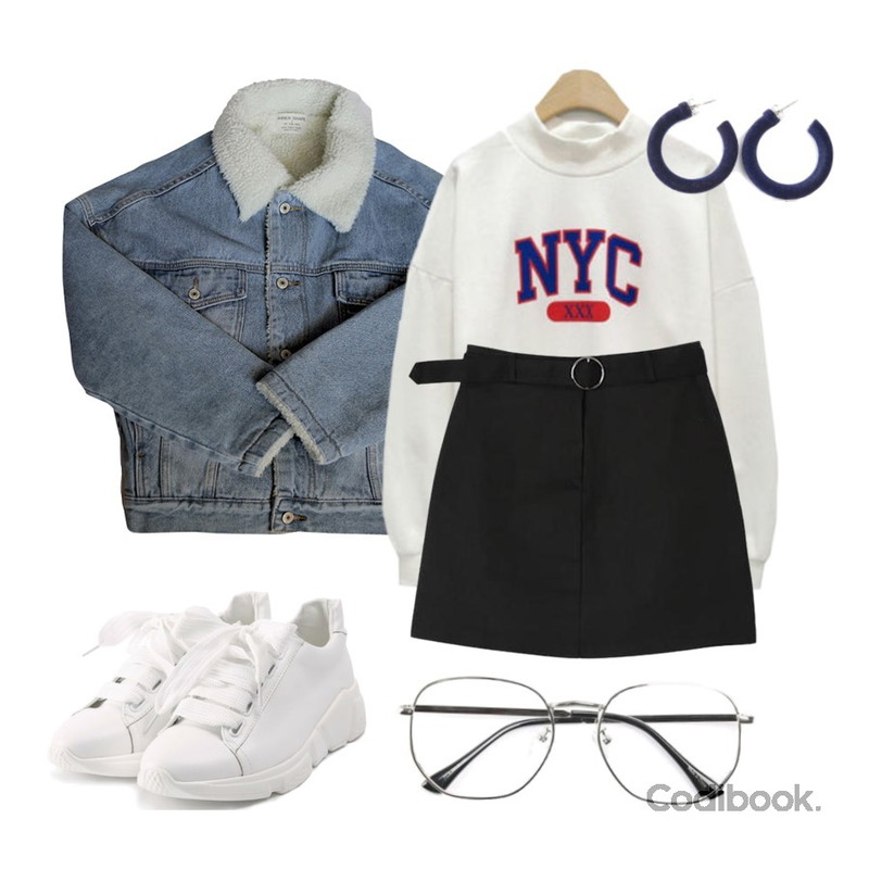 BLINGIT 링벨트스판미니스커트,LINDA GIRLS NYC 크롭 맨투맨 (3color),IHRER SHAPE LANA DENIM JK등을 매치한 코디