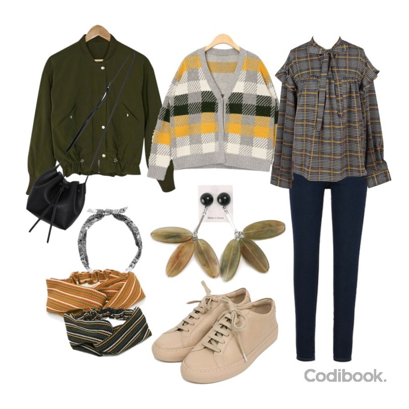 BANHARU shirring detail short jumper,MIXXMIX 2988 데님스판 기모 스키니,AIN check piece wool cardigan등을 매치한 코디