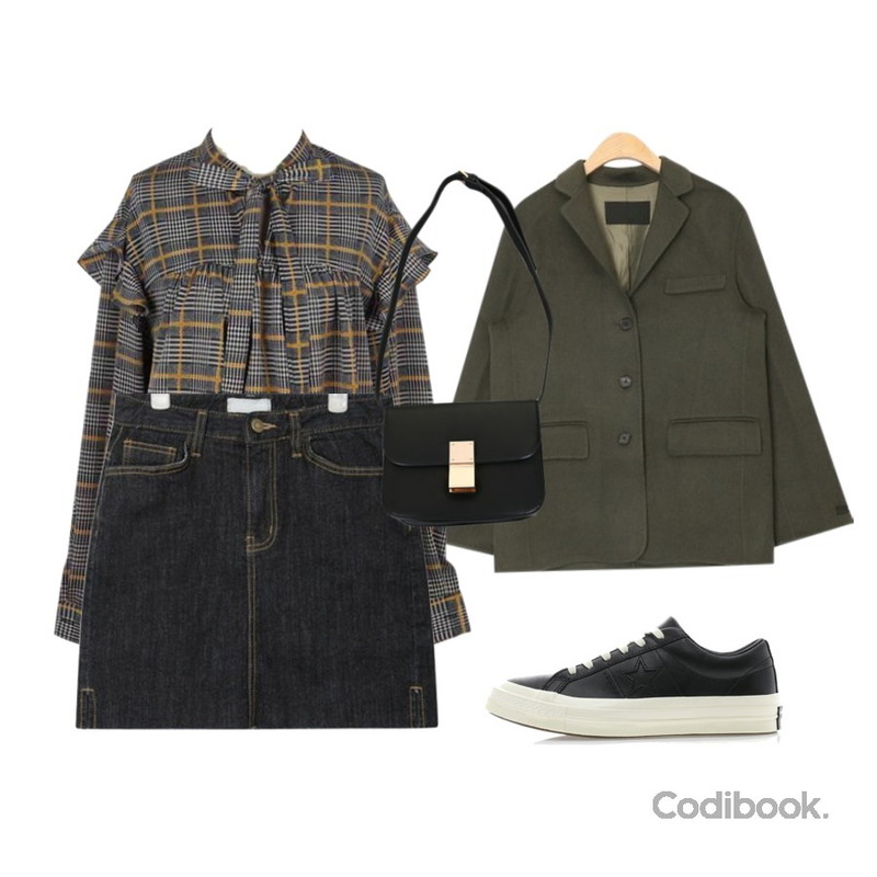 ABLY [수현 PICK] 아모르체크 블라우스_,AIN stella half handmade jacket,AIN acting denim mini skirt (s, m)등을 매치한 코디