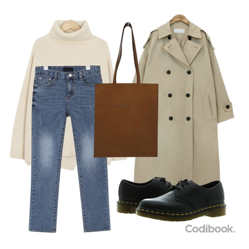 From Beginning Back slit turtle knit_B (size : free),AIN paisley slim pants (s, m, l),common unique [OUTER] LACIE BELT TRENCH COAT등을 매치한 코디
