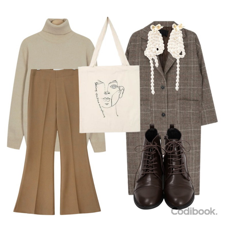 MIXXMIX 트임 롱 체크 코트,From Beginning Bubble turtle-neck knit_H (size : free),common unique [BOTTOM] HIGH BOOTS LONG SLACKS등을 매치한 코디