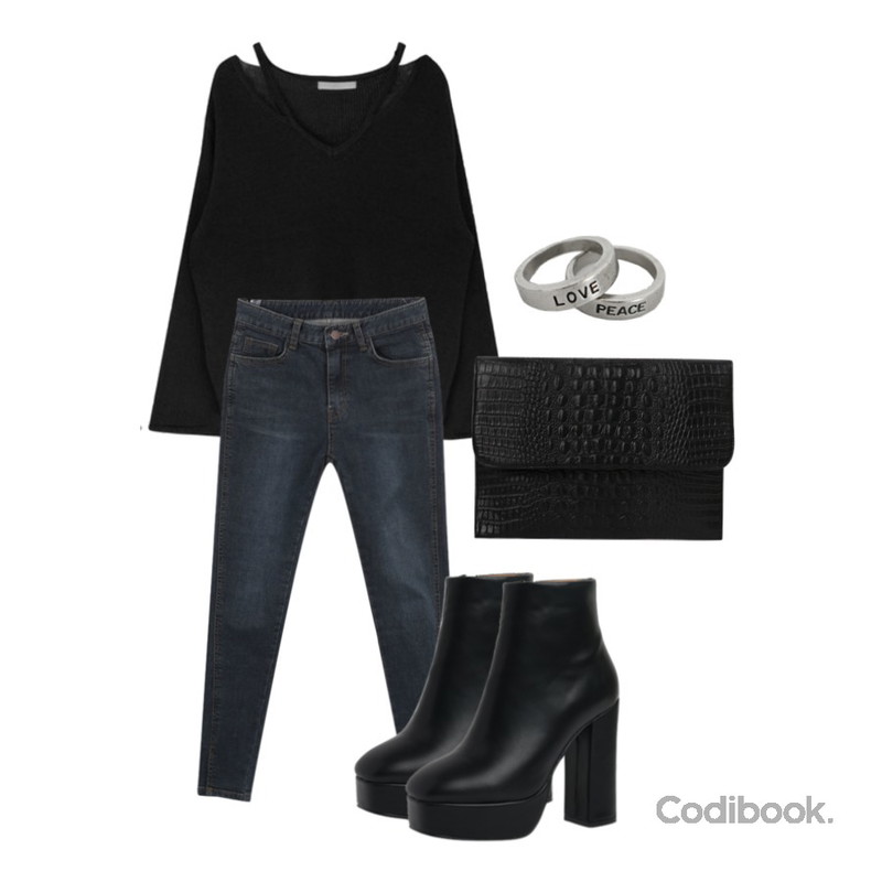 Monobabie [RB2613] 그리트12cm,MIXXMIX 숄더 트임 브이 니트,myblin 기모 컷팅 스키니등을 매치한 코디