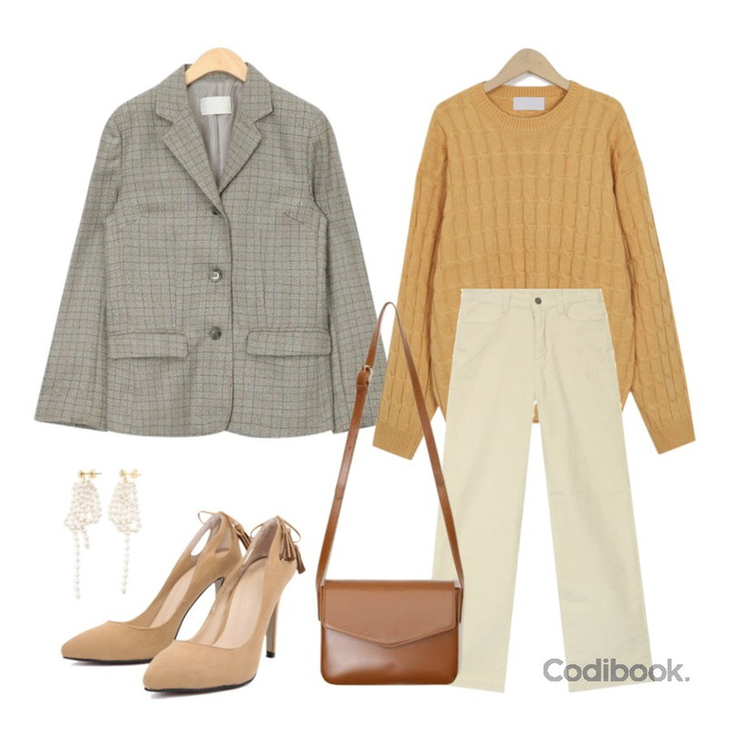 AIN corduroy wide casual pants (s, m, l),From Beginning Jelly twist knit_M (size : free),AIN retro standard check jacket등을 매치한 코디