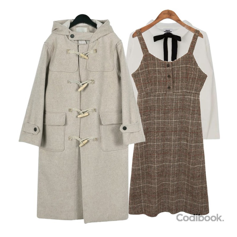common unique [OPS] GLAN CHECK BUSTIER OPS,MIXXMIX 모모 리본 니트,daily monday Classic wool duffle coat등을 매치한 코디