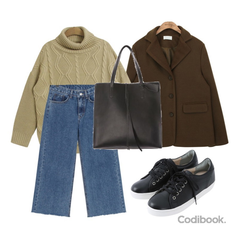 TODAY ME [knit]픽쳐 니트(꽈배기 패턴 짜임 목 폴라 니트),common unique [OUTER] WOOL STANDARD JACKET,From Beginning Select wide cutting jean_B (size : S,M,L)등을 매치한 코디