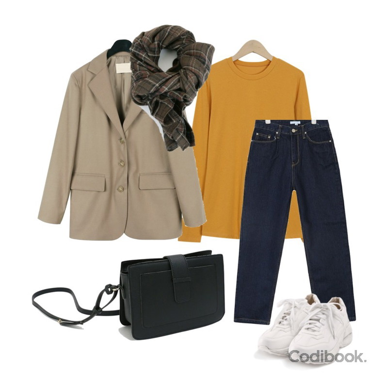 From Beginning Actually basic round T_K (size : free),AIN boyish cotton pants (s, m),daily monday Three button classic jacket등을 매치한 코디