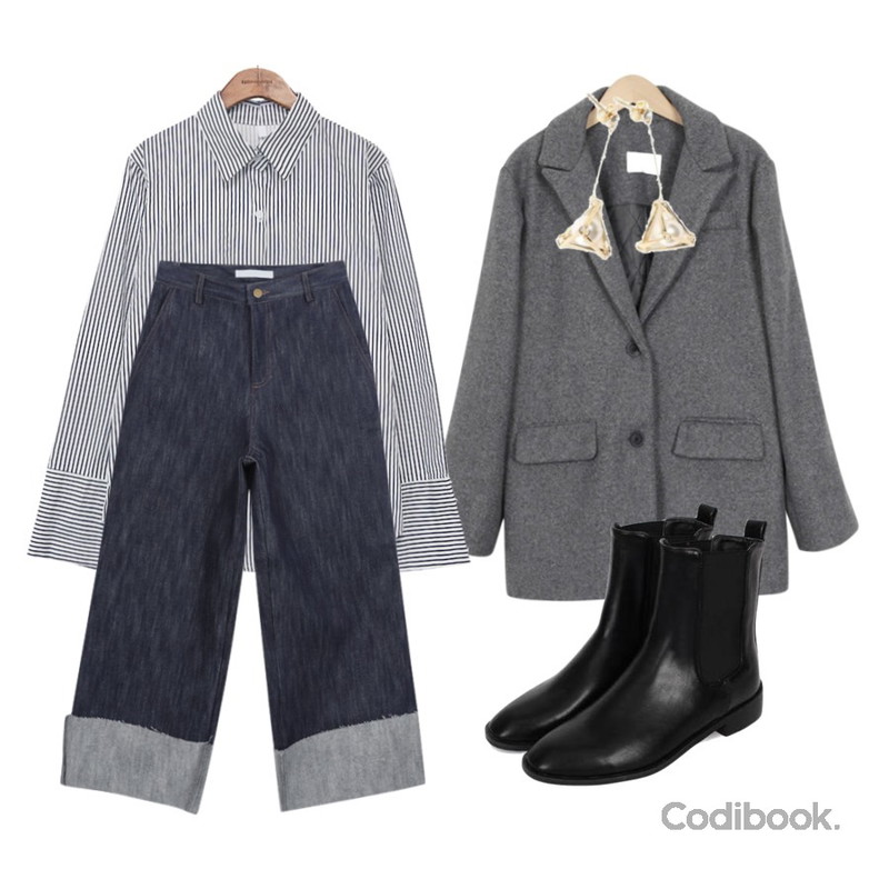 From Beginning Saint quilt wool jacket_S (size : free),myblin 롤업 와이드 데님 팬츠,common unique [TOP] ESSENTIAL WIDE CUFFS SHIRTS - 2 TYPE등을 매치한 코디