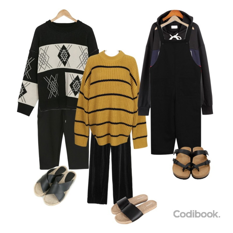 daily monday Comfort edge banding pants,MASHYELLOW 시크릿 세무 밴딩 팬츠,BANHARU loose fit pattern knit등을 매치한 코디