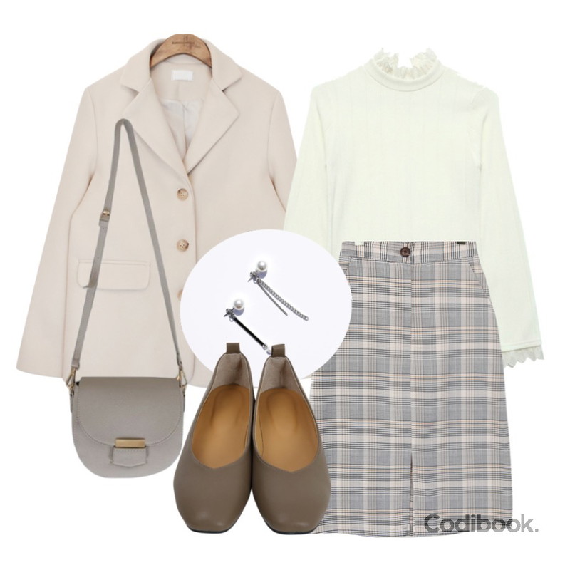 common unique [OUTER] WOOL STANDARD JACKET,common unique [SKIRT] GLEN CHECK MIDI SKIRT,GIRLS RULE 몽환 레이스 골지 티 (t4269)등을 매치한 코디