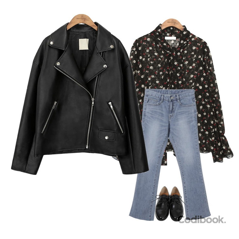 OBBANG STYLE 헤프닝 데님 팬츠,common unique [OUTER] BLACK PLAT RIDER JACKET,common unique [TOP] FLORAL SOLID BLOUSE등을 매치한 코디