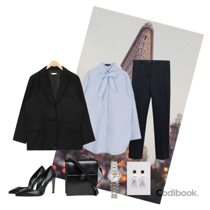 NY,NEW NEED NOW 블러썸  슬랙스(5color),MIXXMIX Ribbon Tie Long Shirt등을 매치한 코디