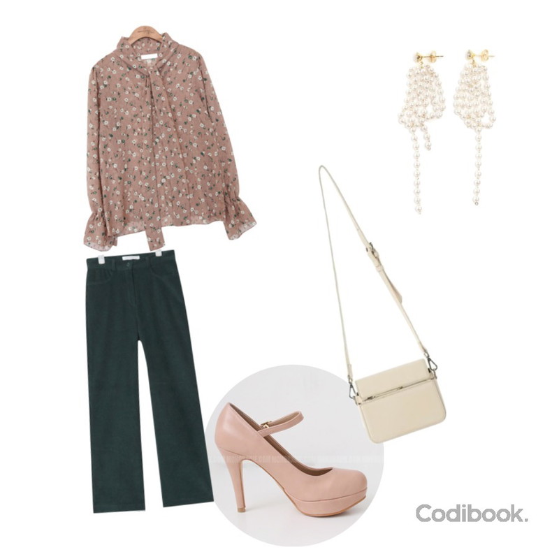 Monobabie [RP0691] 미엘린Beige/Pink/Gray/Black 10cm,AIN semi boots cut corduroy pants (3 colors),common unique [TOP] FLORAL SOLID BLOUSE등을 매치한 코디