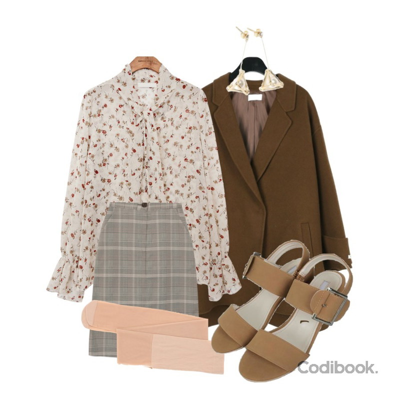 daily monday Slit point handmade half coat,common unique [SKIRT] GLEN CHECK MIDI SKIRT,common unique [TOP] FLORAL SOLID BLOUSE등을 매치한 코디