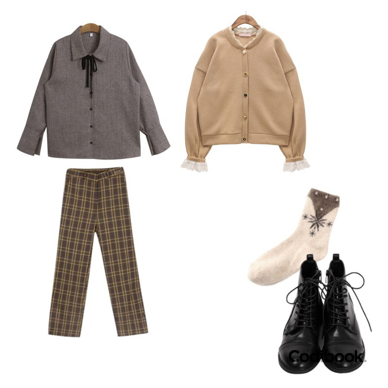 ROCOSIX snowflake socks,TODAY ME [blouses]슈닛 블라우스(헤링본 벨벳 리본끈 블라우스 셔츠st),common unique [OUTER] LOVELY LACE JEWELRY CARDIGAN등을 매치한 코디