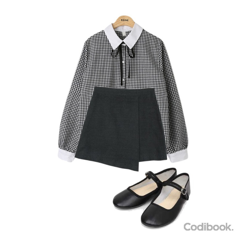 about moon 헤링본 사선 스커트 (2 color),AIN girlish buckle flat shoes (230-250),Reine 헤이즐 체크 리본 블라우스등을 매치한 코디