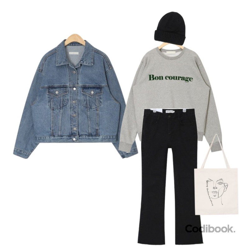 AIN SHALOM semi boots ver.1,AIN bon courage basic mtm,AIN clean denim jacket등을 매치한 코디