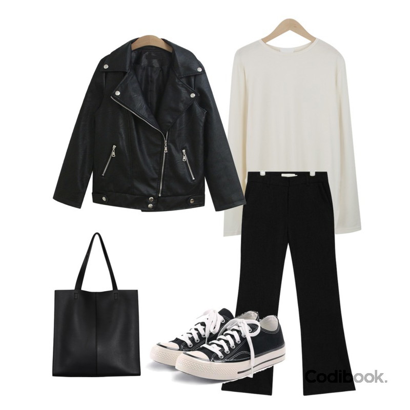 AIN freedom boots cut slacks (s, m),TODAY ME [jacket]픽스 라이더자켓(데일리 박시 레더 가죽 라이더),myblin 트임 라운드 티셔츠 (4color)등을 매치한 코디