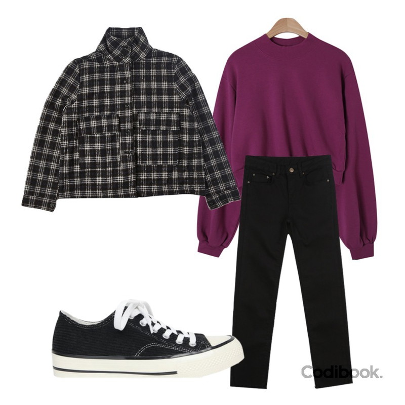 CHLO.D.MANON 플랜비 일자 팬츠,IHRER SHAPE FLAG CHECK JK BLACK,BLINGIT 벌룬소매크롭맨투맨등을 매치한 코디
