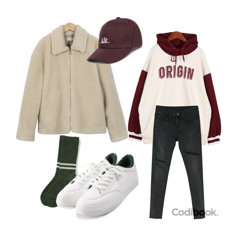 BANHARU sporty stripe socks,From Beginning Noodie shearing jacket_S (size : free),Dailyco 오리진배색후드-hd등을 매치한 코디
