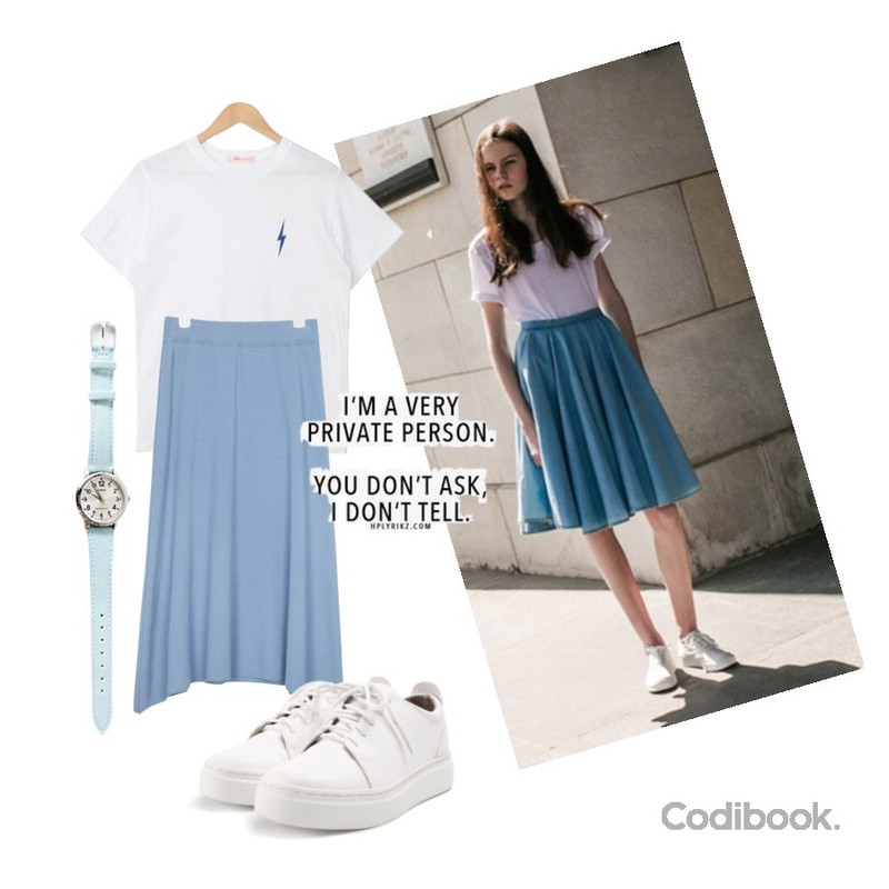 sky skirt,AIN 'JEJU' sun knit skirt (3 colors),VICTORIA GARCONNE 번개 반팔티셔츠등을 매치한 코디