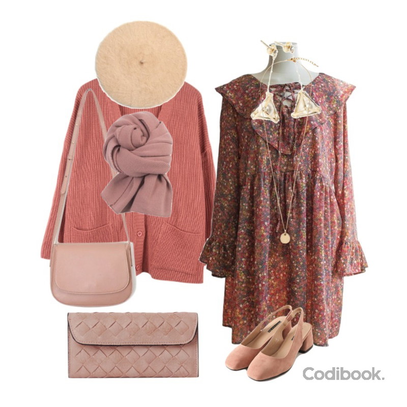 ABLY 소녀느낌 가디건,ROCOSIX powder angora beret,MASHYELLOW 레이스업 프릴 플라워 원피스등을 매치한 코디