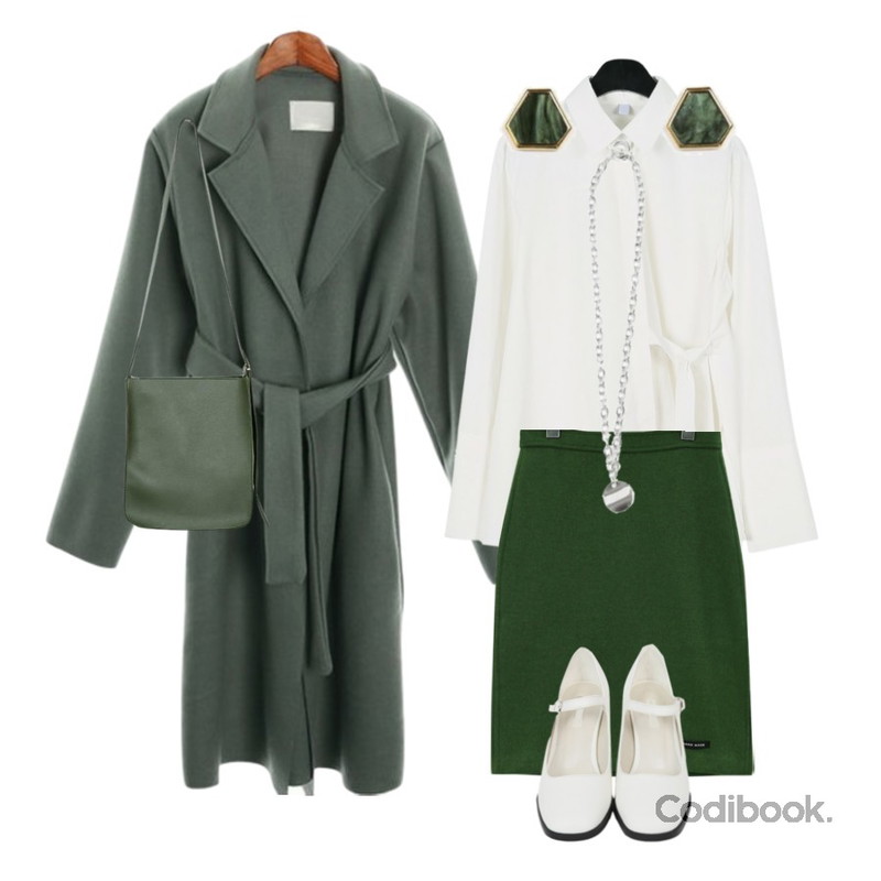 common unique [SKIRT] HAND MADE WOOL DAILY MIDI SKIRT,ROCOSIX two way wool coat,daily monday Unbal ribbon shirts등을 매치한 코디